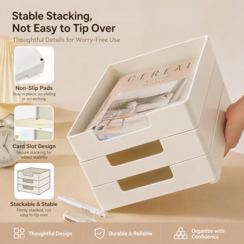 Eorbow 3 Pack Letter Tray, Plastic Stackable A4 Paper Trays, Rectangular Desk Drawer Organizer, File Holder for Desktop, Office Supplies Storage, White - Image 5