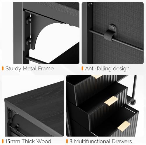VINGLI 3 Drawer Mobile File Cabinet Printer Stand, Fluted Filing Cabinet with Open Storage Shelves Adjustable, Rolling Lateral Fabric Filing Cabinet for Home Office, Fits Letter Size, Black - Image 7