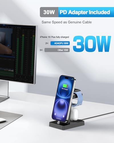 30W Fast 3 in 1 Charging Station for Apple Devices - ADADPU USB C Charger Stand for iPhone 17 16 15 Pro Max Plus & AirPods 4,Wireless Charger Dock Compatible with Apple Watch Ultra/10/9/8/7/6/5/4/3/SE - Image 2