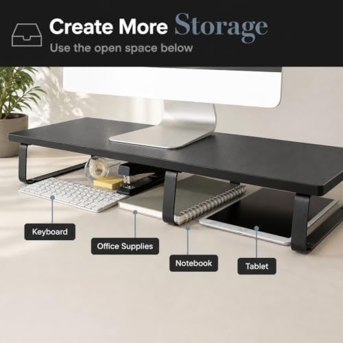 Mount-It! 39" Extra Long Dual Monitor Stand Riser – Ergonomic Desk Organizer for 2 Monitors, Laptop, TV, or Printer – Heavy-Duty Steel & Wood Desktop Shelf with Storage – Supports 44 Lbs – Black - Image 5