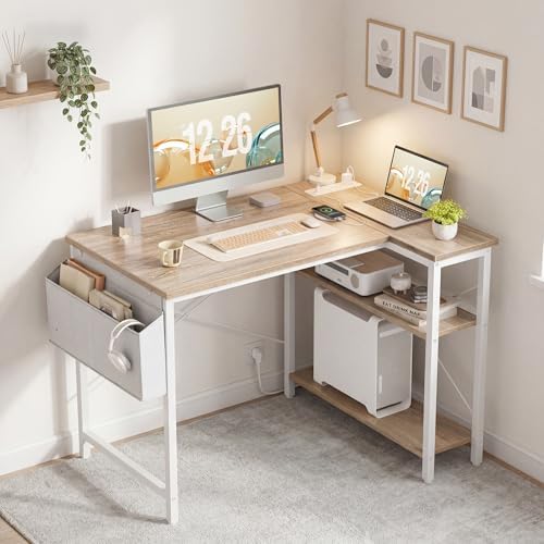 TIQLAB L Shaped Computer Desk with Power Outlets, 40 Inch Small Corner Desk with Reversible Shelves, Gaming Desk Computer Table Study Writing Table for Home Office Bedroom Small Space, Maple - Image 2