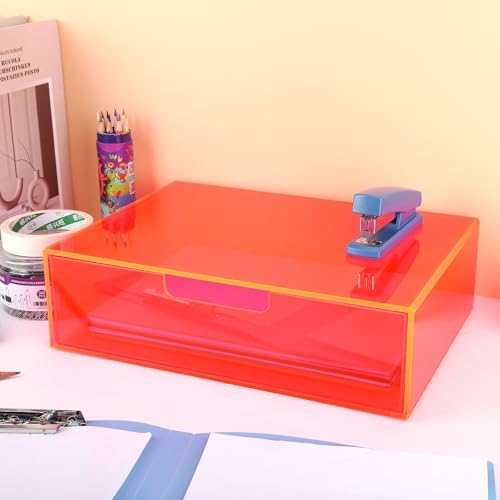 Gelite Acrylic Desk Organizer with Drawer for Makeup Vanity Stackable Desktop Storage Box for Office Supplies, 13.8 x 9.8 x 3.9’’, Neon Pink - Image 6