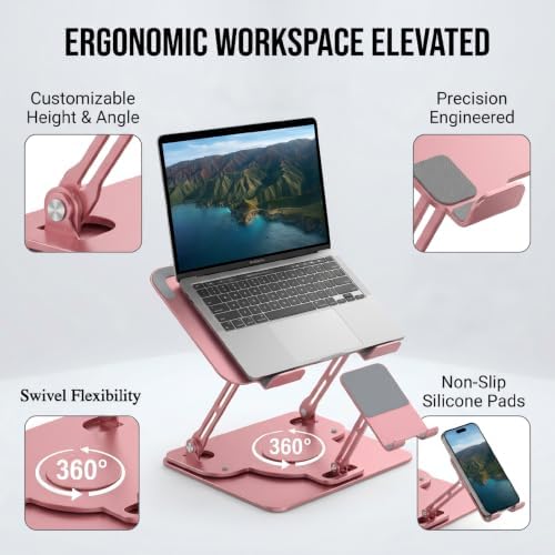 Laptop Stand for Desk,Adjustable Computer Stand with 360° Rotating Base,2-in-1 Laptop Stands with Phone Holder,Ergonomic Laptop Riser for Collaborative Work,fits for All 10-16" Laptops (Pink) - Image 2