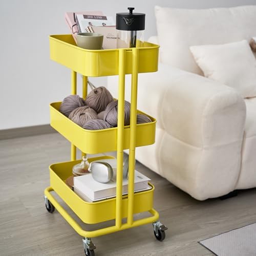 3 Tier Rolling Cart Metal Heavy Duty Utility Cart with Silent Caster Lockable Wheel Multi-Functional Organization Carts Storage Trolley with Mesh Shelves for Office Kitchen Living Room Yellow - Image 7