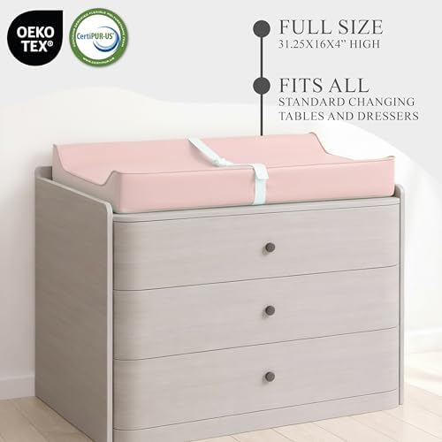 Vegan Leather Contoured Baby Changing Pad | Waterproof & Wipe-Clean PU Leather Diaper Change Mat, Soft, Wipeable Cover, Safety Strap, Non-Slip Bottom, Topper for Standard Infant Diaper Table & Dresser - Image 6