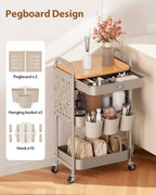 ALVOROG 3 Tier Metal Rolling Cart with Drawer,Wood Top,Pegboards,Khaki - Image 4