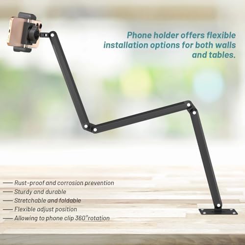 Wall Mount Phone Holder,Phone Holder for Desk Bed,3-Stage Aluminium iPhone Stand,Foldable Extendable Arms Heavy Duty Drilling Base,Compatible with 3.5~7.5" iPhone/HTC/LG/Huawei/Galaxy/Smartphones - Image 6