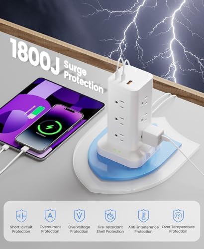 Power Strip Tower with Surge Protector 1800J, Fast Charging Tower PD20W USB-C Ports with 12 AC Outlets, Extension Cord for Home Office Dorm Room, 6ft, White - Image 6