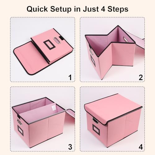 File Storage Box with Lid, 15.55x12.87x10.43 Inches, Foldable Organizer with Handles & Label Slot, for File Storage, Home, Office, and Closet Organization(2 Packs, Pink) - Image 5