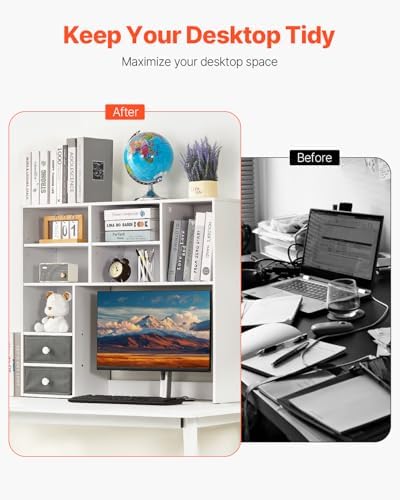 VEVOR Desktop Bookshelf, 3-Tier Desktop Storage Organizer, 37" x 10" x 31.1" Office Storage Rack Wood Display Shelf, Desktop Bookshelf Hutch with 2 Fabric Drawers, for Office, Home & Dorm, White - Image 4