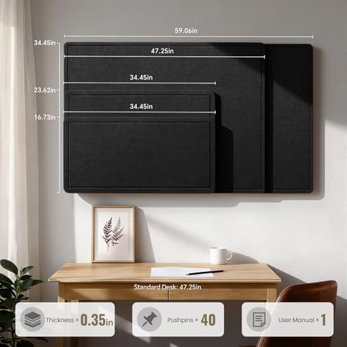 Large Bulletin Board, 60 X 35 Inches Felt Cork Board with 40 Pushpins, Foldable Felt Notice Pin Board Photo Display Board with Self-Adhesive Tape for Office Home School (Black, 60x35 inch) - Image 2