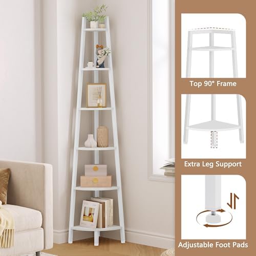 Hoctieon Corner Shelf, 6-Tier Corner Bookshelf, Rustic Ladder Shelf, Industrial Display Stand for Living Room, Kitchen, Home Office, Balcony, Small Space, Metal Frame, White - Image 5