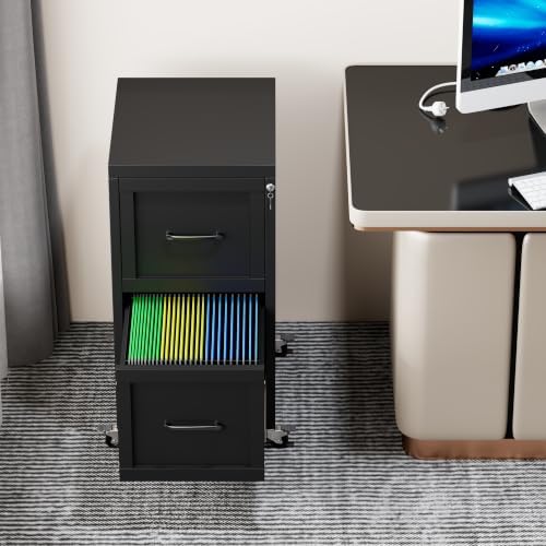 2-Drawer Rolling Metal File Cabinet with Lock, Narrow, Black - Image 7