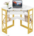 VECELO Corner Desk, Triangle Computer Desk for Small Space with Charging Station and Keyboard Tray, Corner Makeup Table with Storage Shelves for Home Office Bedroom, 41x30, Gold by VECELO