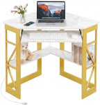 VECELO Corner Desk, Triangle Computer Desk for Small Space with Charging Station and Keyboard Tray, Corner Makeup Table with Storage Shelves for Home Office Bedroom, 41x30, Gold by VECELO