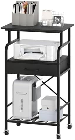 MAHANCRIS Tall Printer Stand, 3 Tier Printer Cart with Storage, Industrial Printer Table on Wheels, Adjustable Shelf & Fabric Drawer, for Home Office Study Black PTBK5501 by MAHANCRIS