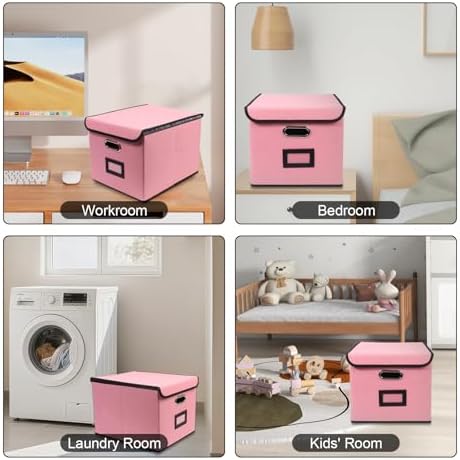File Storage Box with Lid, 15.55x12.87x10.43 Inches, Foldable Organizer with Handles & Label Slot, for File Storage, Home, Office, and Closet Organization(2 Packs, Pink) - Image 6