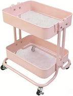 2 Tier Rolling Cart with Wheels for Under Desk Storage, Pink Small Rolling Pantry Storage Cart for Small Space, Metal Short Utility Shelf for Vanity Kitchen Bathrrom Laundry Organization by LIWNYRK