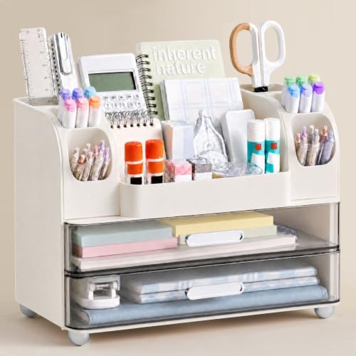 HBlife Desk Organizer with Pencil Pen Holder for Desk, Pen Organizer with 2 Drawers, Desk Organizers and Accessories with Compartments, Desktop Storage for Office, Home, School, Art Supplies, White by HBlife
