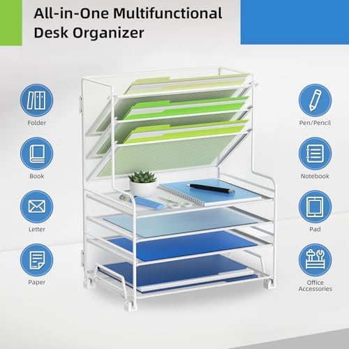 MINDEPOT 4-Tier Paper Organizer + 3-Pocket File Holder + Drawer + Pen Holders, Desktop File Organizers Paper Tray for Office Supplies School Classroom Organization (White, no Drawer & Pen Holder) - Image 4