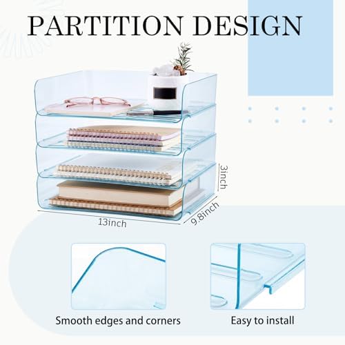 Harloon 4 Tier Clear Blue Acrylic Paper Organizer Letter Tray, Aesthetic Stackable Desk File Organizer Paper Holder Office Tray for A4, Modern Classroom Office Home File Pad Books Notes - Image 2