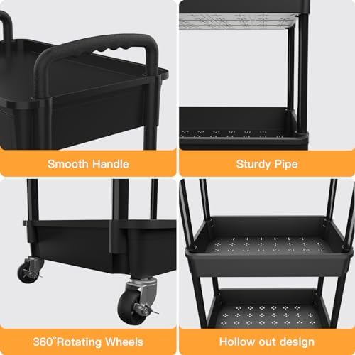 4 Tier Rolling Utility Cart with Drawer,REBECAT Utility Cart Made of Multifunctional Storage Organizer Tool for Kitchen,Bathroom,Living Room,Office(Black) - Image 2