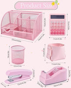 23pc Pink Desk Accessories and Organizers with Mesh Organizer Stapler Tape Dispenser Calculator and a Lot of Office Pink Office Supplies Beautifully Presented in a Gift Box - Image 5