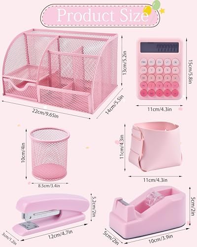 23pc Pink Desk Accessories and Organizers with Mesh Organizer Stapler Tape Dispenser Calculator and a Lot of Office Pink Office Supplies Beautifully Presented in a Gift Box - Image 5