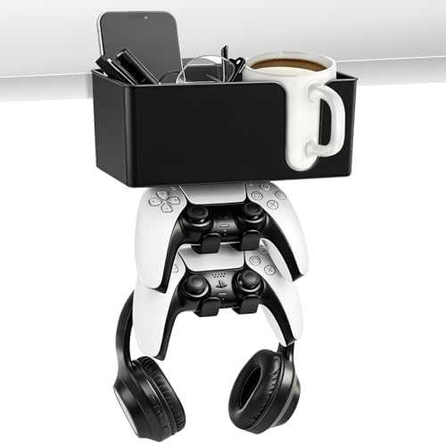 5 in 1 Controller Holder - Desk Cup Holder and Headphone Hanger, Rotatable Under Desk Clamp Organizer Dual Gamepad Headset Stand Gaming Desks Accessories for Xbox, PS4, PS5, PC, Switch by Unknown