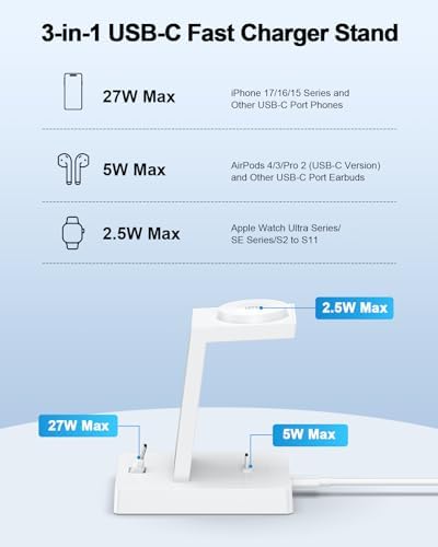 30W Fast Charging Station for Apple Devices - ADADPU 3 in 1 USB C Charger Stand for iPhone 17 16 15 Pro Max Plus & AirPods 4,Wireless Charger Dock Compatible with Apple Watch Ultra/10/9/8/7/6/5/4/3/SE - Image 3