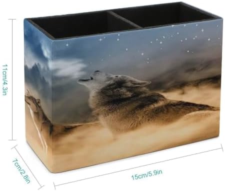 PU Leather Multi-Compartment Pen Holder Desktop Organizer Pencil Cup Storage Caddy for Office Home Supplies Wolf Wolves Yelling to The Sky Stand On Mountains Gray Forests Foggy Secenery - Image 2