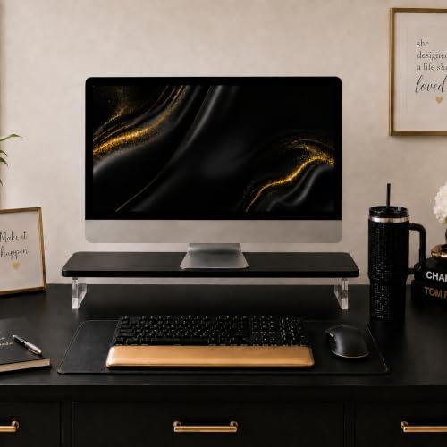 Bamboo Monitor Riser, Wide Desktop Monitor Stand for Desk with Clear Acrylic Legs, 31.5 x 8 inch Bamboo Wood Shelf, Fit Keyboard, Home Office Workspace Accessories,Study Stationaries Storage (Black) by ThreeWayCut