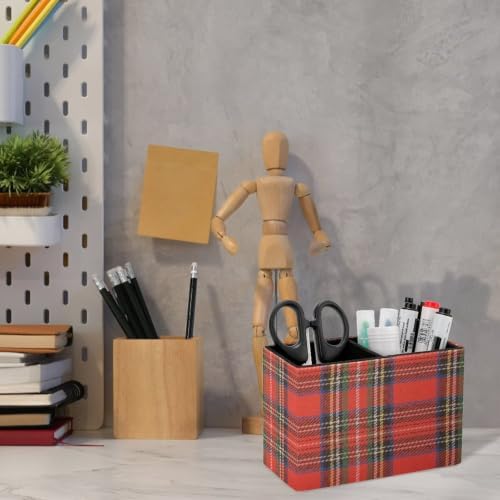 PU Leather Multi-Compartment Pen Holder Desktop Organizer Pencil Cup Storage Caddy for Office Home Supplies Blue Stewart Plaid Colorful Tartan Black Bright British - Image 6