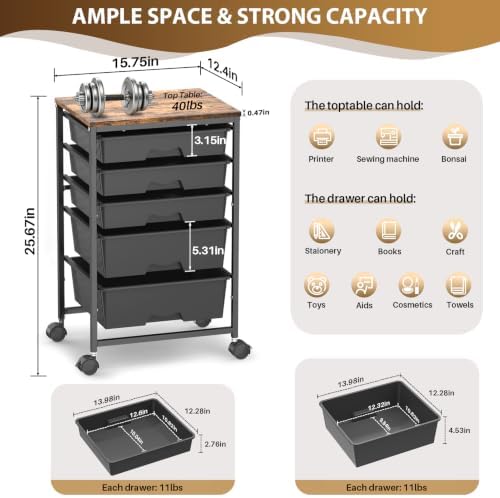 Goovilla Rolling Cart with 5 Drawers for Craft, Art, Dorm, Office, Black - Image 2