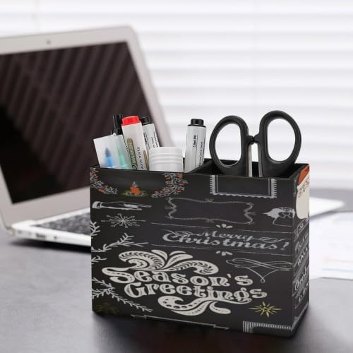 PU Leather Multi-Compartment Pen Holder Desktop Organizer Pencil Cup Storage Caddy for Office Home Supplies Christmas Design Elements on Chalkboard - Image 5