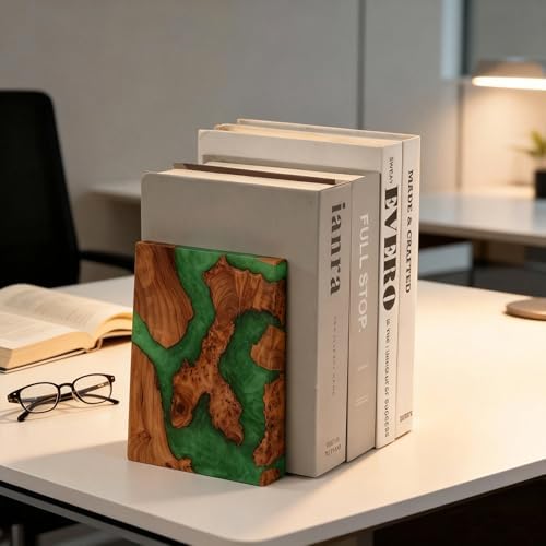 Glow in The Dark Green Resin Bookends, Burl Wood Book Ends for Shelves – Unique Luminous Book Organizer for Office Desk, for Book Lovers (Luminous Green) - Image 6