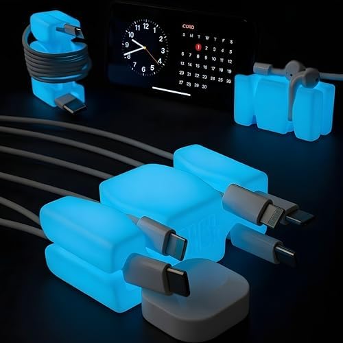 CordBrick 2PK Glowing Silicone + Steel Weighted Cable Holders for Nighstands, Cord Wraps for Travel, Unique iPhone Accessories. Small Graduation Gift for High Schoolers. Gadget for Teens. Blue Glow by CordBrick