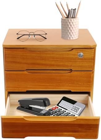 Wooden Desk Organizer with Drawers and Lock, Desktop Storage Cabinet,Drawer Organizer Desktop Drawer Wooden Storage Box for Home office Supplies (Wood, 3Tier) by KONGKUNI