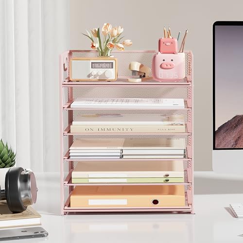 Subekyu 6 Tier Office File Paper Desk Tray Organizer with Handle, Stackable Slide Mesh Letter Tray Folder Pink Desk Organizer, Desktop Document Sorter for Classroom, Office, Home Supplies Storage - Image 3