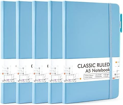 feela 5 Pack Notebooks Journals Bulk, Hardcover Classic Ruled Lined Journals with Pen Holder for Women Girls School Business Supplies, with 5 Black Pens, 120 GSM, 5.1”x8.3”, A5, Blue by feela