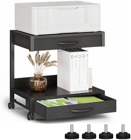 VENNQD 2-Tier Desktop Printer Stand with 2 Fabric Drawers, Prtiner Table with Storage Shelf, Desk Organizer for Home Office,3D Printer,Fax Machine,Scanner (Black, 2 Tier) by VENNQD