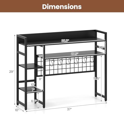 Tangkula Desktop Bookshelf for Computer Monitor Up to 32”, Countertop Storage Hutch with 4 Open Shelves, Grid Panel, 6 Hooks, Anti-tip Device, 4-Tier Desktop Shelves for Home Office Dorm, Black - Image 3