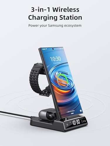 Wireless Charger for Samsung Charging Station: 3 in 1 Android Charging Stand with Dimmable Clock - Nightstand Organizer for Galaxy S25 Ultra, Galaxy Watch 8 7 6 5 4, Galaxy Buds (Not for iWatch) - Image 2