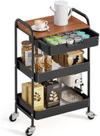 TOOLF 3-Tier Utility Rolling Cart with Wooden Board and Drawer, Metal Storage Cart with Handle, Black Trolley Kitchen Organizer Rolling Desk with Locking Wheels for Office, Classroom, Home, Bedroom by TOOLF