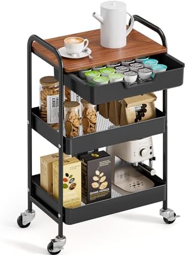 TOOLF 3-Tier Utility Rolling Cart with Wooden Board and Drawer, Metal Storage Cart with Handle, Black Trolley Kitchen Organizer Rolling Desk with Locking Wheels for Office, Classroom, Home, Bedroom by TOOLF