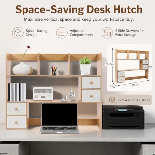 Desktop Bookshelf, Adjustable Desk Hutch Organizer with 8 Shelves & 4 Drawers, Extendable Desk Storage Organizer, Desktop Shelves Rack Top Bookcase for Home Office - Image 4