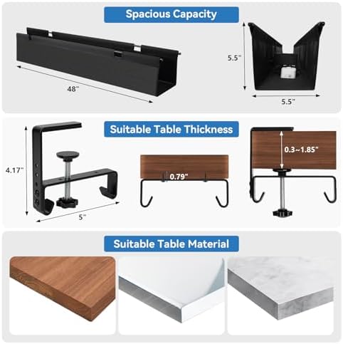 SHUWEI 48" Under Desk Cable Management Tray, Fabric, No-Drill Mount, Black - Image 6