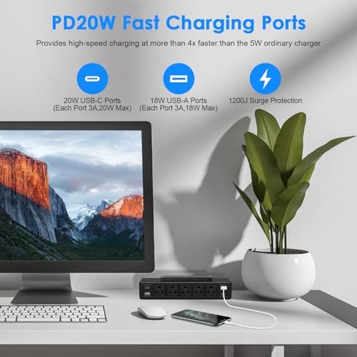 40W Under Desk Power Strip Surge Protector 1200J 5 Outlet 4 USB 10FT Black - Image 2