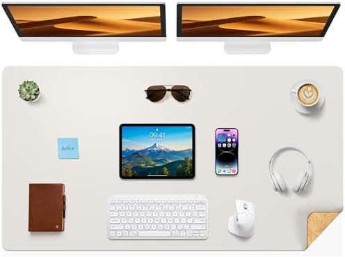 Aothia Cork Desk Mat - Dual-Sided XL PU Leather Desk Pad & Full Desk Protector, Large Waterproof Desktop Mat for Office & Gaming (47" x 23.6", Off-White) by AothiaSimpleNaturalUnique