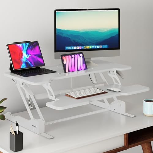 Mount-It! Standing Desk Converter White 38” Wide Height Adjustable Stand Up Desk Riser, Desk Topper with Gas Spring, Desktop Standing Desk with Keyboard Tray Fits Two Monitors - Image 2